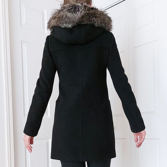 BCBG Black Hooded Wool Coat XS Detachable Realistic Faux Fur - Picture 4 of 14